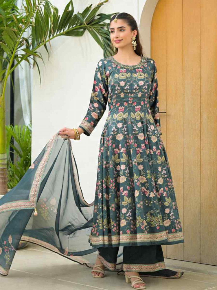Image of Green Jam Silk Embroidery Printed Party Wedding Festival Casual Ready Anarkali Palazzo Pant Salwar Kameez