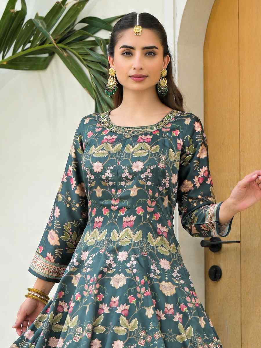Green Jam Silk Embroidery Printed Party Wedding Festival Casual Ready Anarkali Palazzo Pant Salwar Kameez
