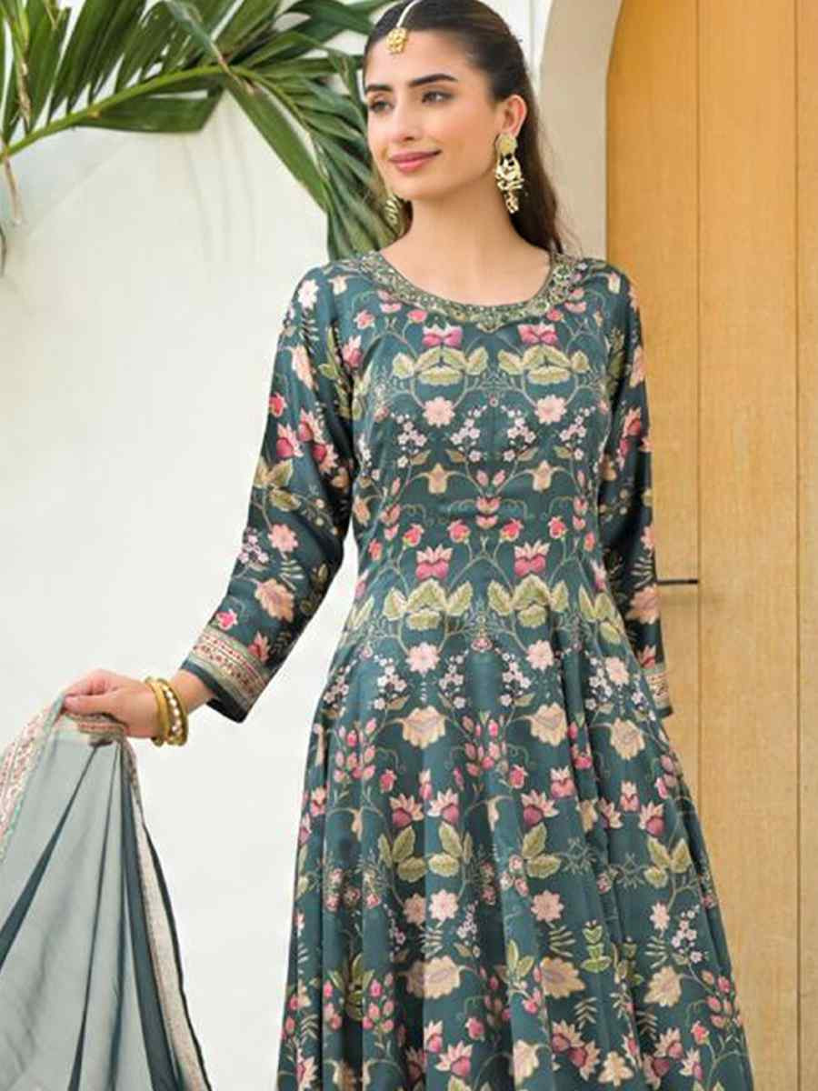 Green Jam Silk Embroidery Printed Party Wedding Festival Casual Ready Anarkali Palazzo Pant Salwar Kameez