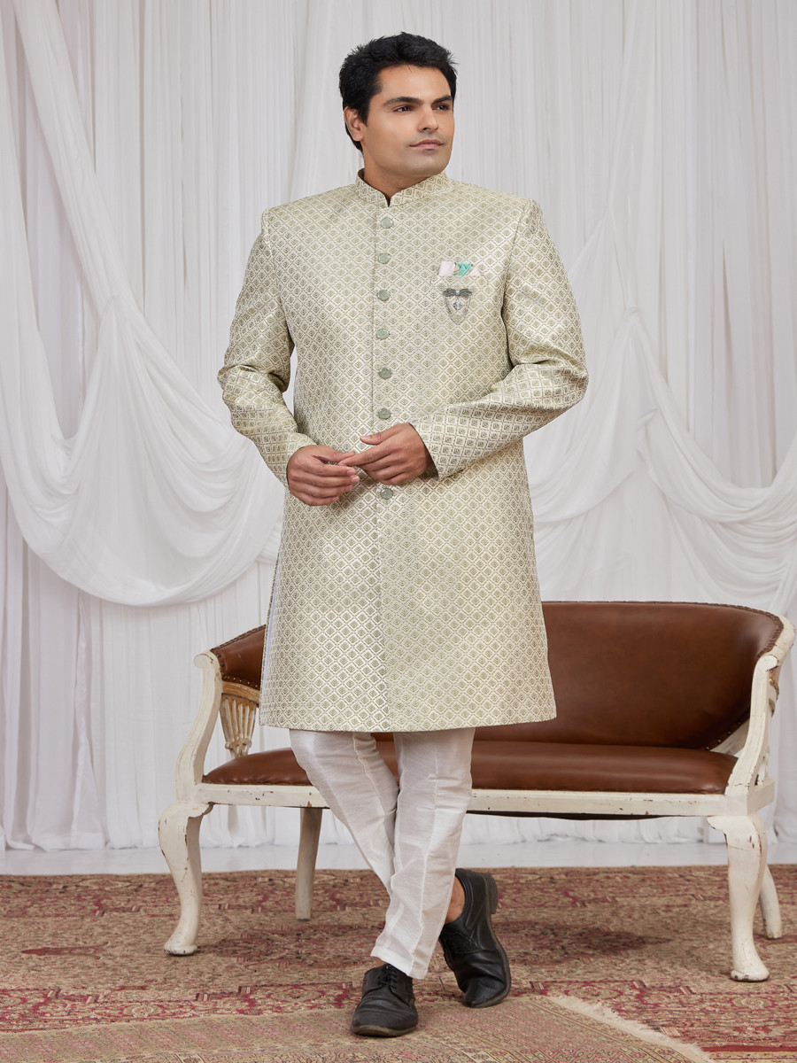 Green Jaquard fabric Embroidery Wedding Party Festival Groom Sherwani