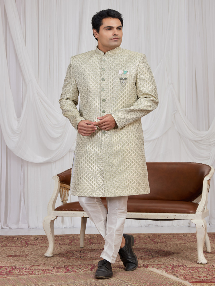 Image of Green Jaquard fabric Embroidery Wedding Party Festival Groom Sherwani