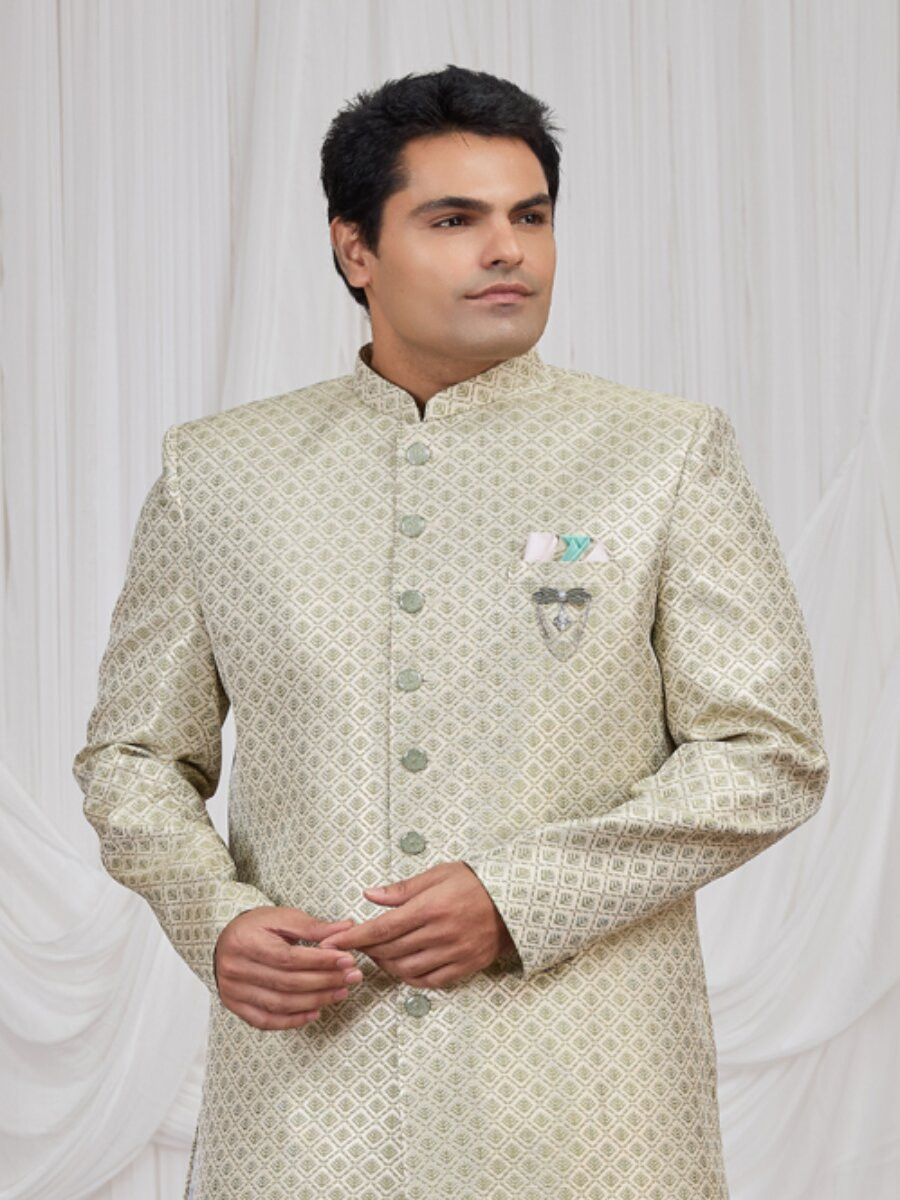 Green Jaquard fabric Embroidery Wedding Party Festival Groom Sherwani