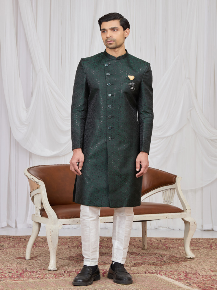 Image of Green Jaquard fabric Embroidery Wedding Party Festival Groom Sherwani
