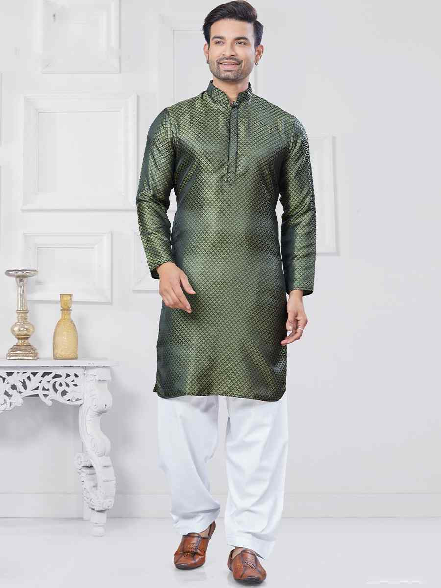 Green Jecquard Silk With Digital Print Festival Casual Kurta