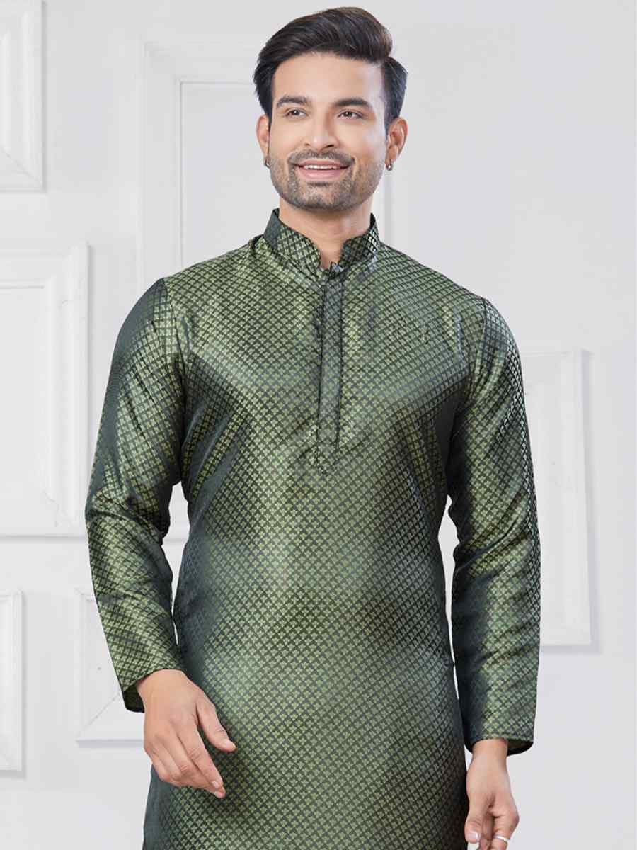 Green Jecquard Silk With Digital Print Festival Casual Kurta