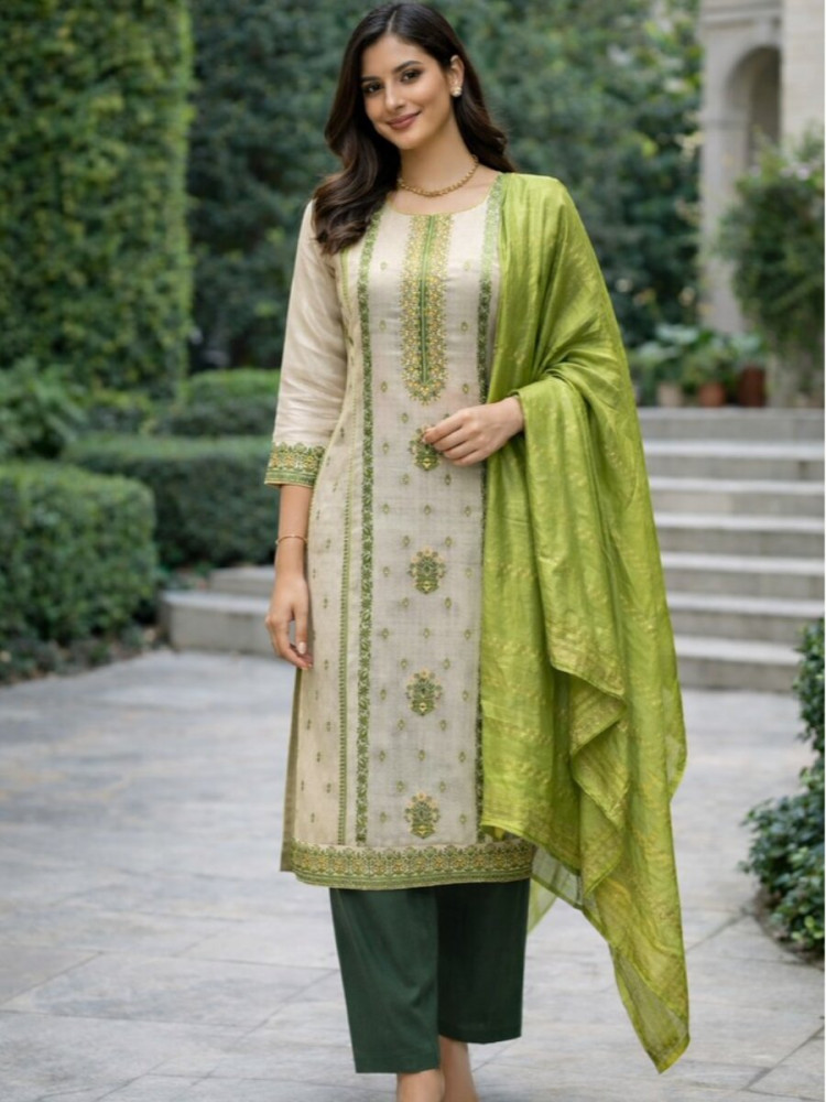 Image of Green Jequard Silk Printed Floral Party Casual Ready Pant Salwar Kameez