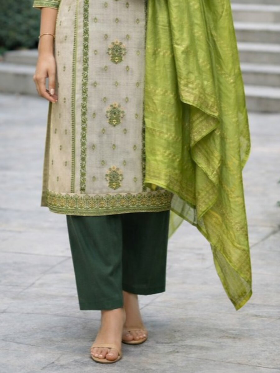 Green Jequard Silk Printed Floral Party Casual Ready Pant Salwar Kameez
