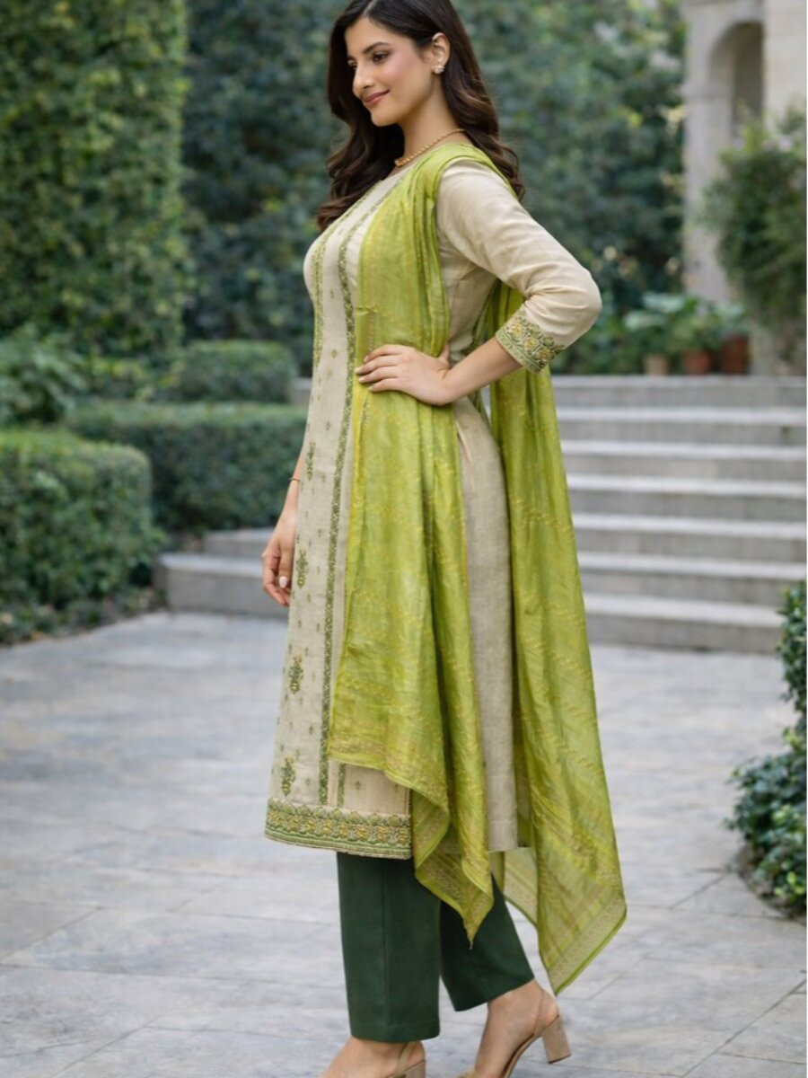 Green Jequard Silk Printed Floral Party Casual Ready Pant Salwar Kameez