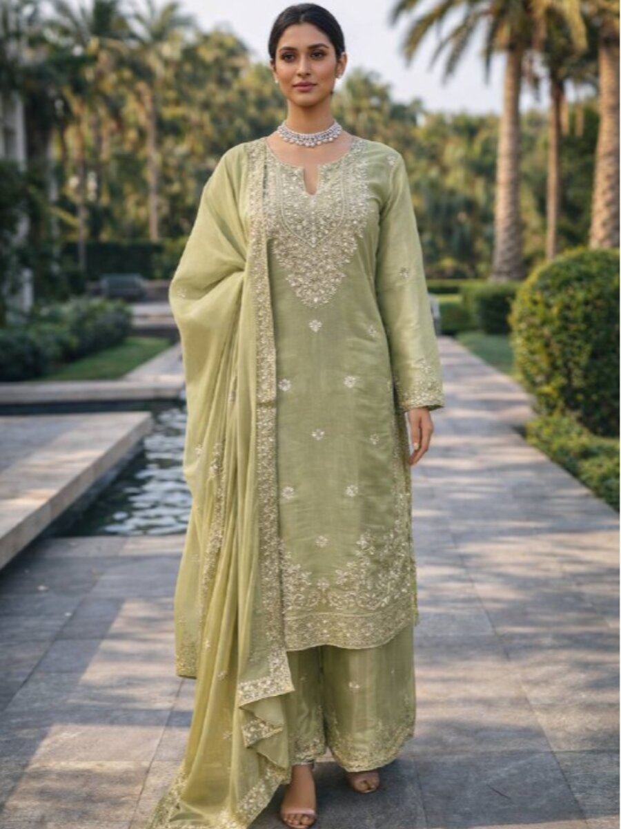 Green JMC Silk Embroidery Floral Zari Wedding Party Festival Ready Palazzo Pant Salwar Kameez