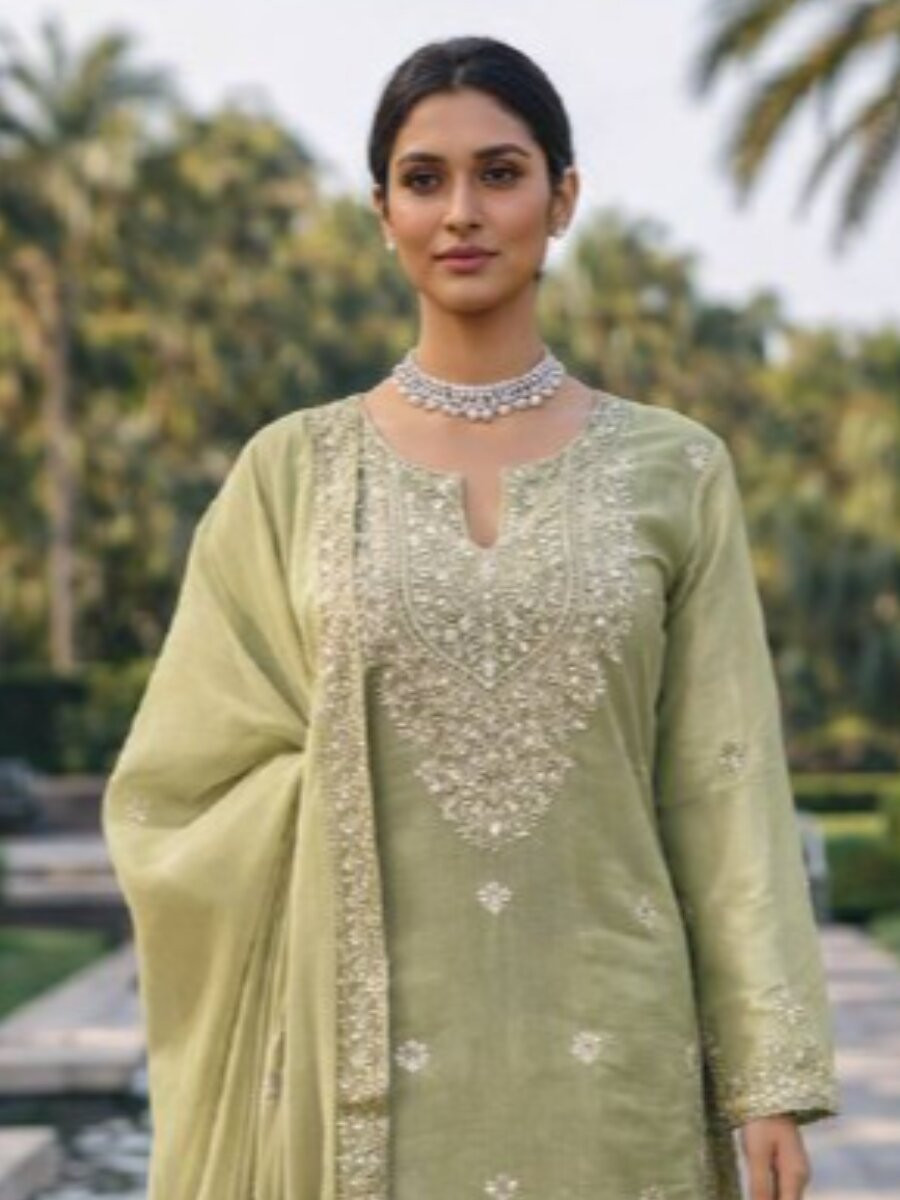 Green JMC Silk Embroidery Floral Zari Wedding Party Festival Ready Palazzo Pant Salwar Kameez