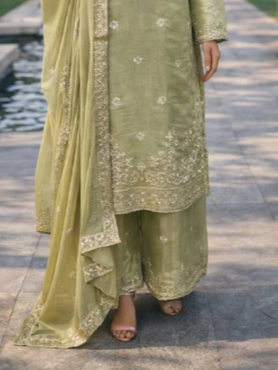 Green JMC Silk Embroidery Floral Zari Wedding Party Festival Ready Palazzo Pant Salwar Kameez