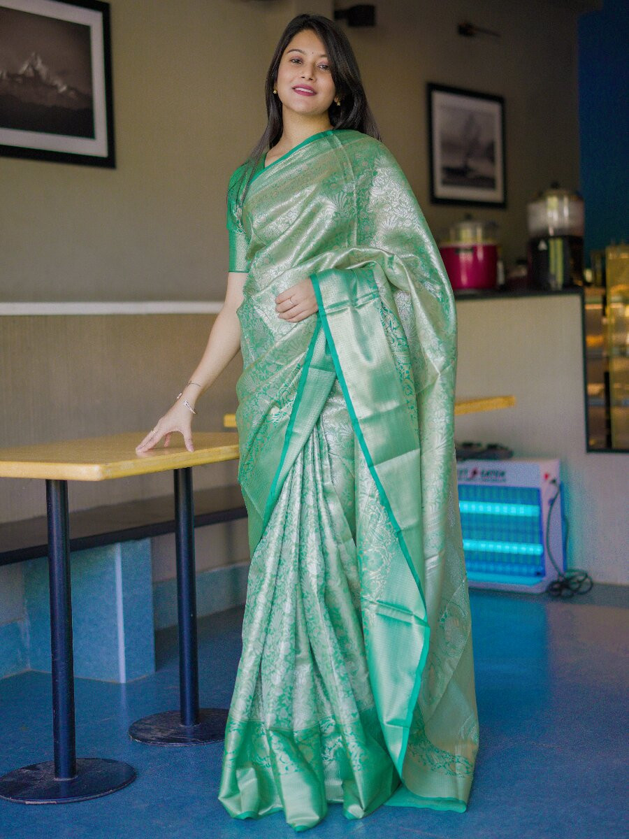 Green Kanchipuram Silk Zari Weaving Wedding Reception Party Festival Casual Heavy Border Sarees