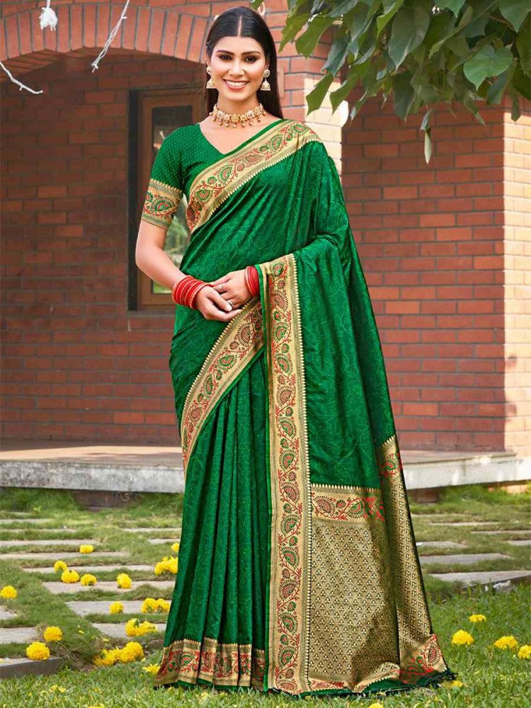 Green Kanjivaram Silk Handwoven Wedding Festival Heavy Border Saree