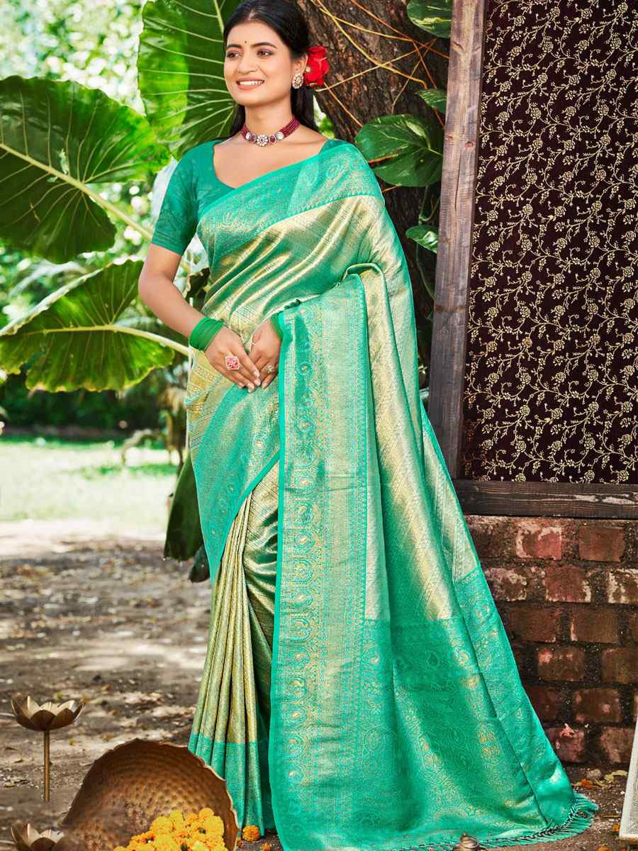 Green Kanjivaram Soft Silk Handwoven Traditional Bridal Reception Festival Wedding Fancy Heavy Border Saree