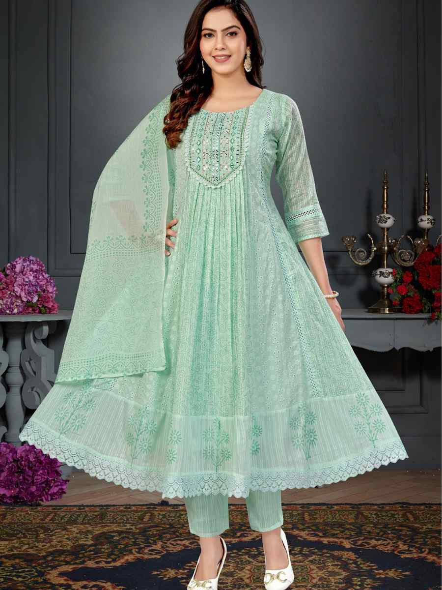 Green khadi Cotton Embroidery Party Wedding Festival Casual Ready Anarkali Salwar Kameez