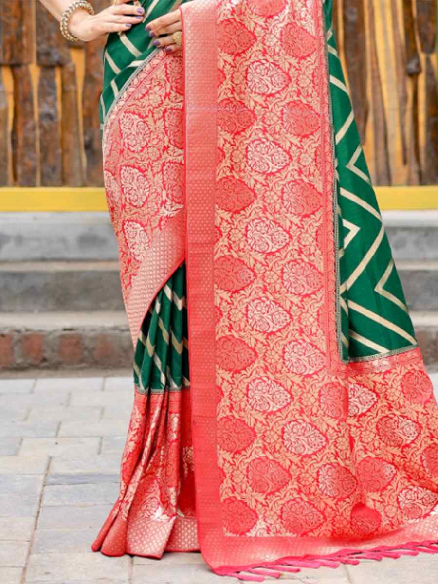 Green Leheriya Dola Silk Handwoven Wedding Festival Heavy Border Saree