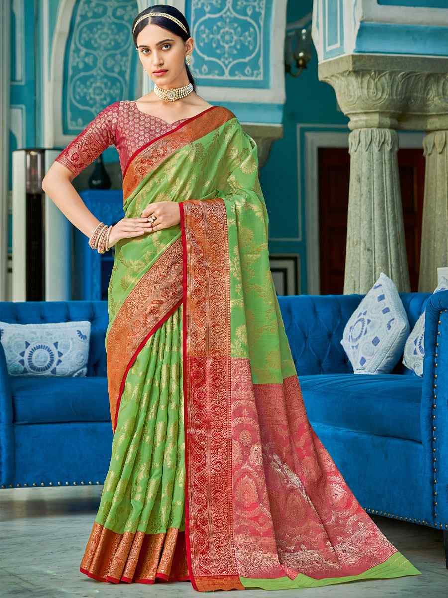 Green Linen Cotton Handwoven Casual Festival Party Classic Style Sarees