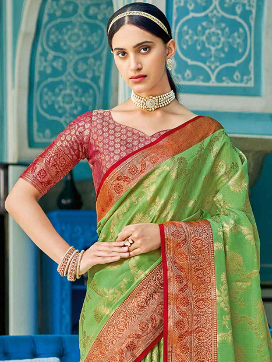 Green Linen Cotton Handwoven Casual Festival Party Classic Style Sarees