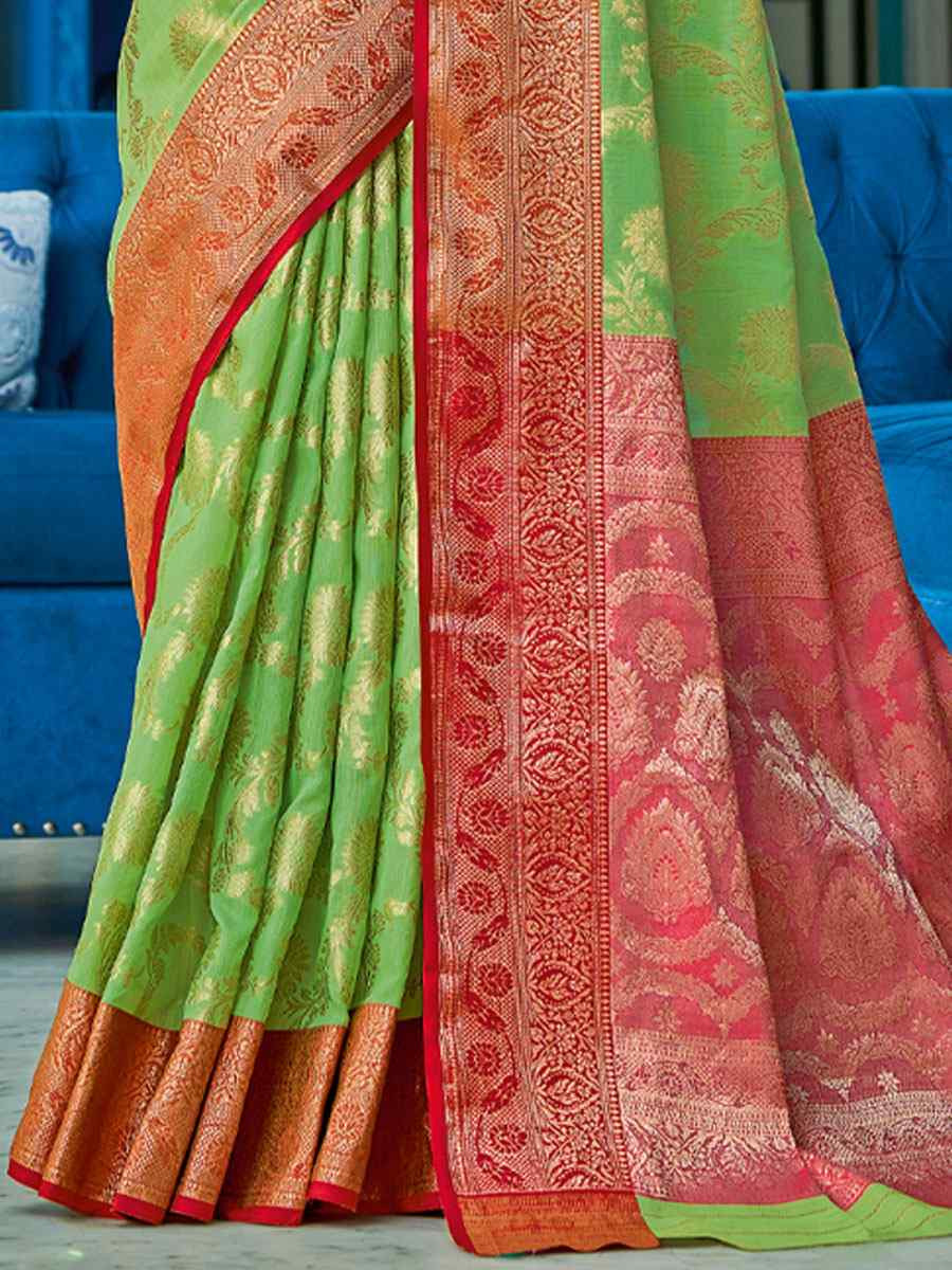 Green Linen Cotton Handwoven Casual Festival Party Classic Style Sarees