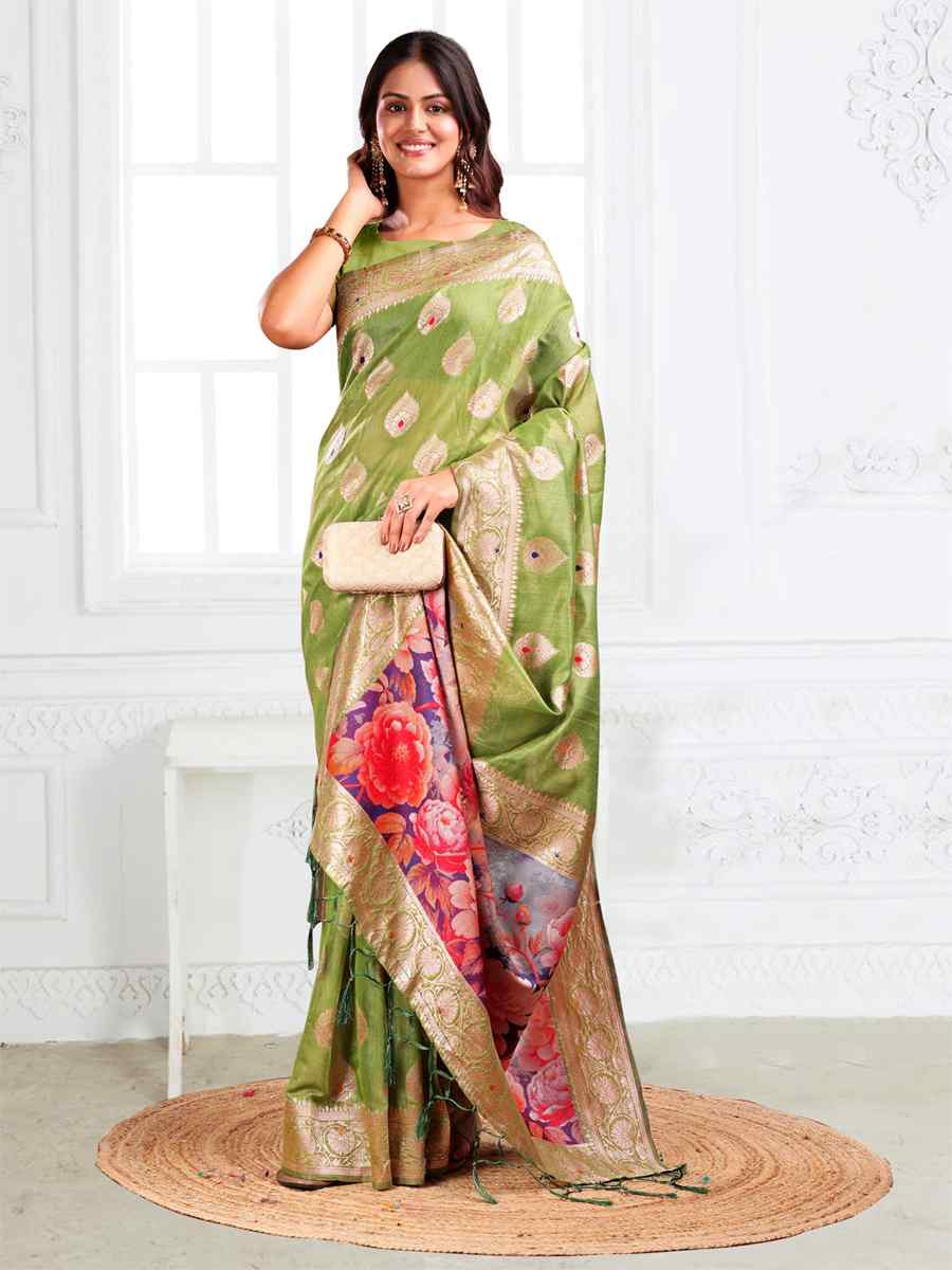Green Linen Cotton Handwoven Festival Wedding Fancy Heavy Border Saree