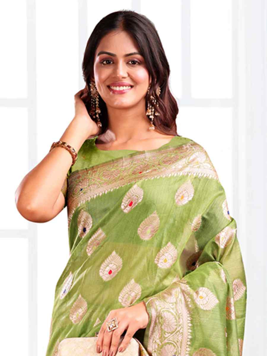 Green Linen Cotton Handwoven Festival Wedding Fancy Heavy Border Saree