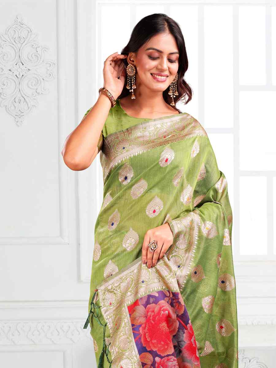 Green Linen Cotton Handwoven Festival Wedding Fancy Heavy Border Saree