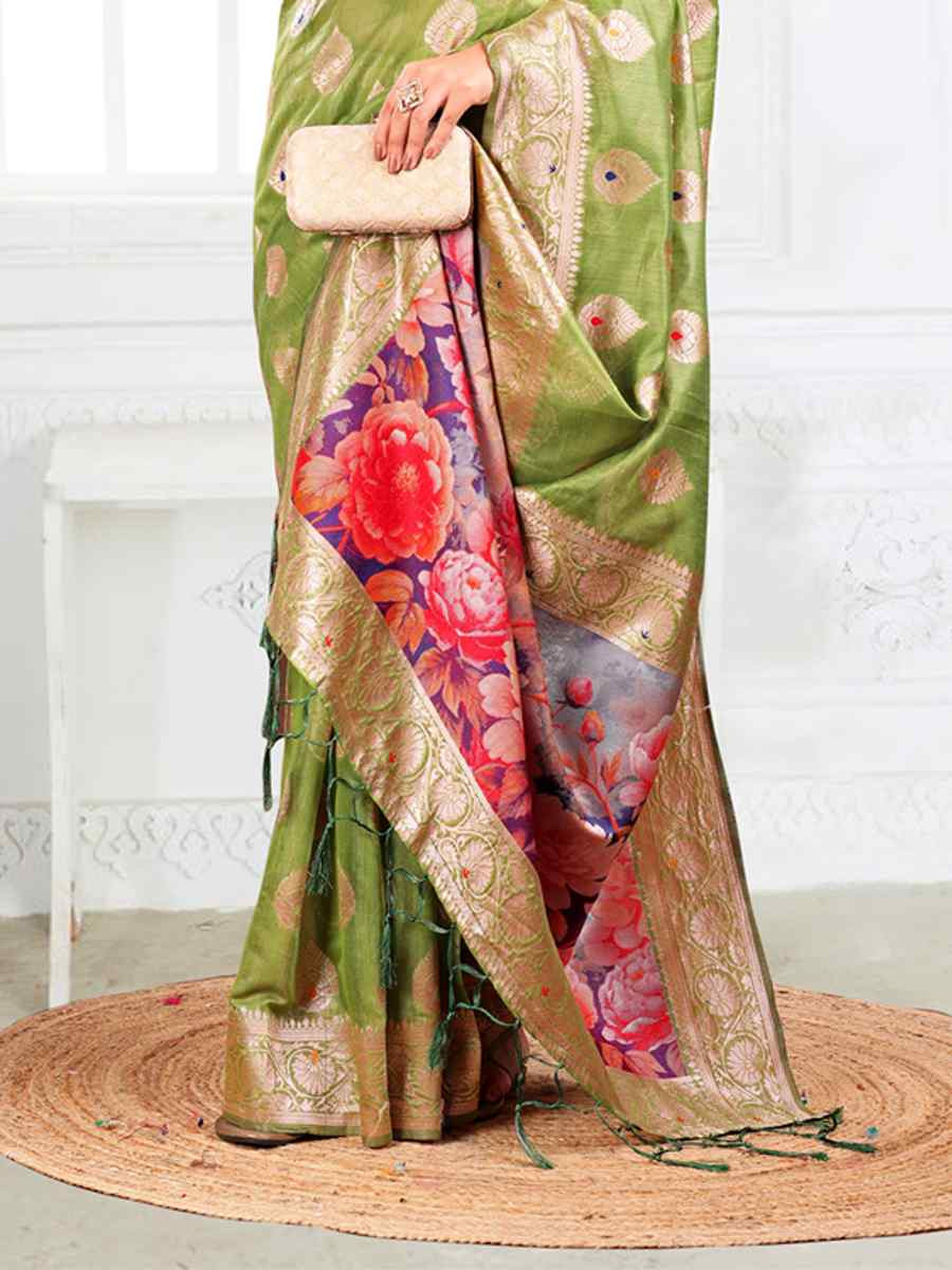 Green Linen Cotton Handwoven Festival Wedding Fancy Heavy Border Saree