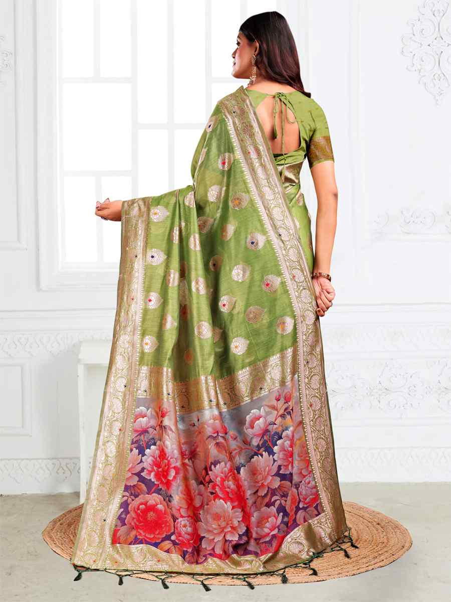 Green Linen Cotton Handwoven Festival Wedding Fancy Heavy Border Saree