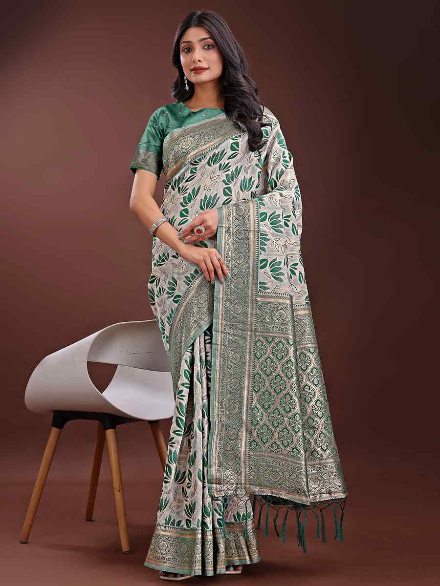 Green Linen Cotton Handwoven Festival Wedding Fancy Heavy Border Saree