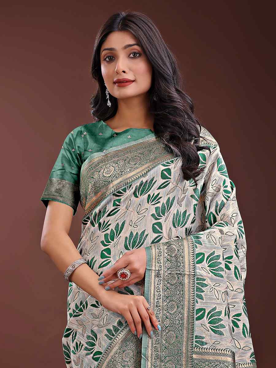 Green Linen Cotton Handwoven Festival Wedding Fancy Heavy Border Saree