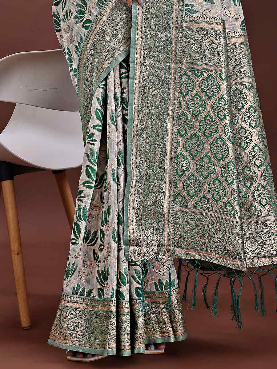 Green Linen Cotton Handwoven Festival Wedding Fancy Heavy Border Saree