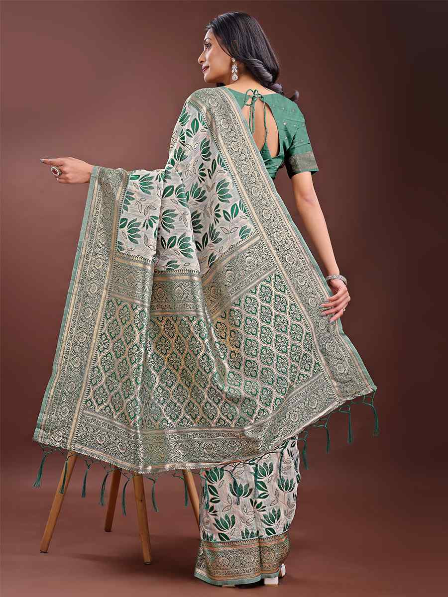 Green Linen Cotton Handwoven Festival Wedding Fancy Heavy Border Saree