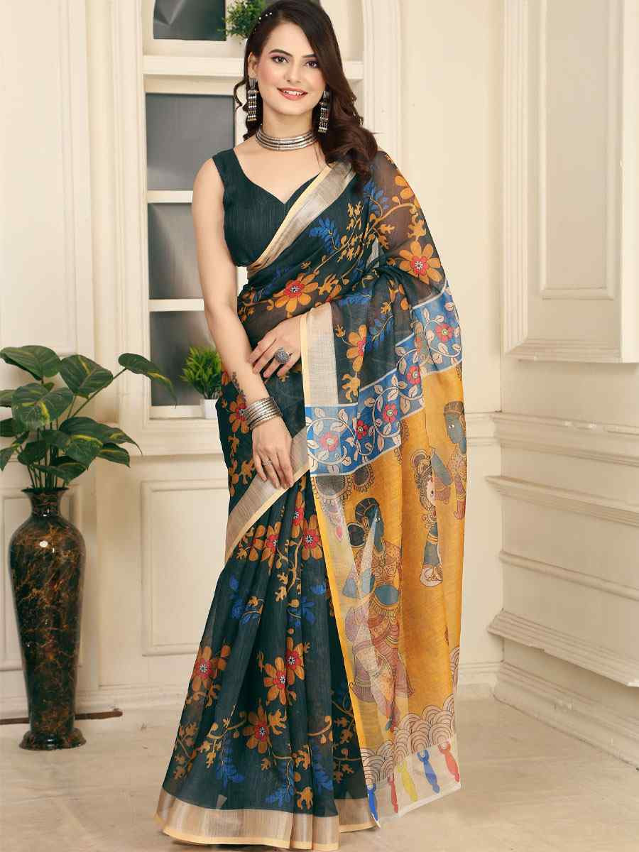 Green Linen Cotton Printed Casual Festival Wedding Fancy Classic Style Sarees