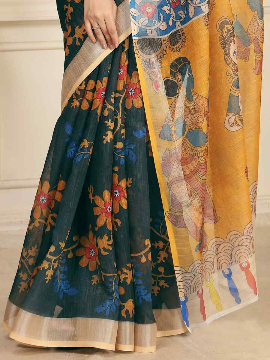 Green Linen Cotton Printed Casual Festival Wedding Fancy Classic Style Sarees