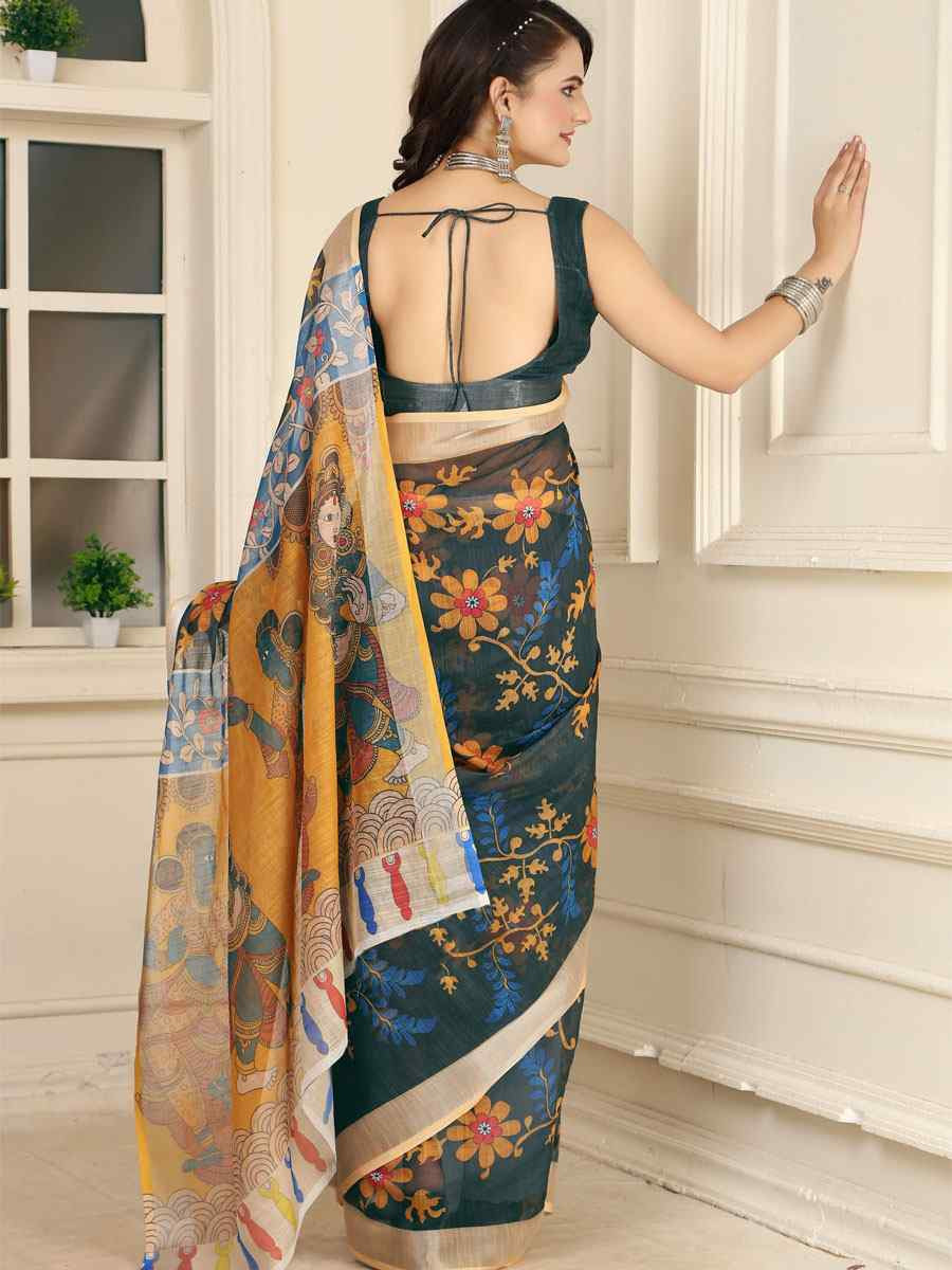 Green Linen Cotton Printed Casual Festival Wedding Fancy Classic Style Sarees