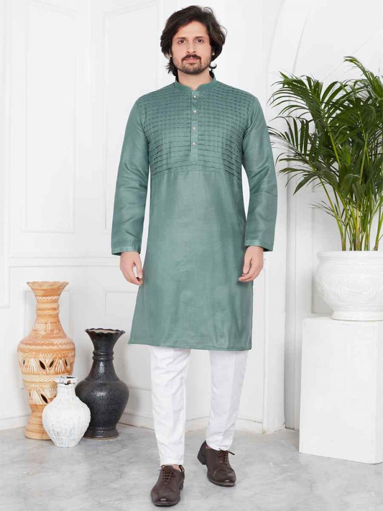 Green Linen Cotton Printed Festival Casual Kurta