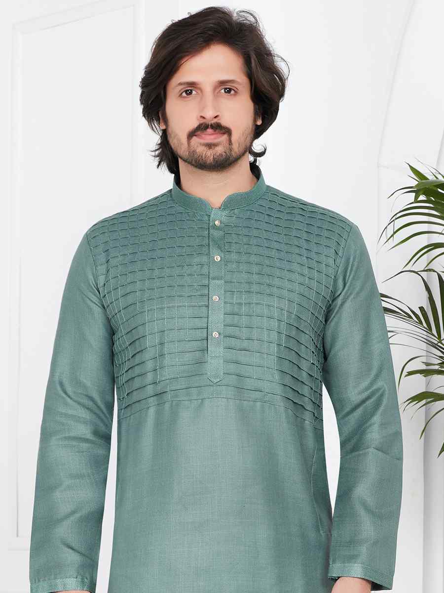 Green Linen Cotton Printed Festival Casual Kurta