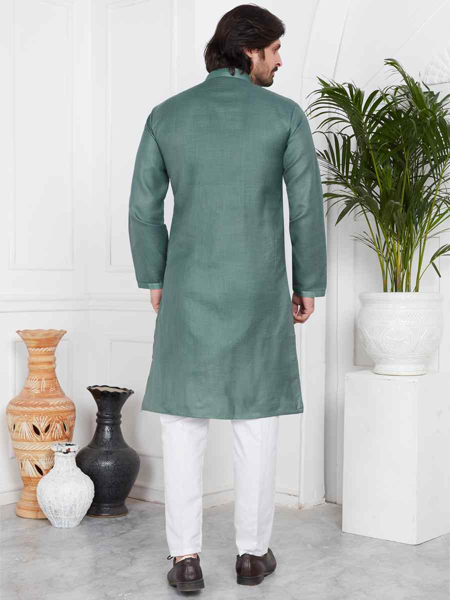 Green Linen Cotton Printed Festival Casual Kurta