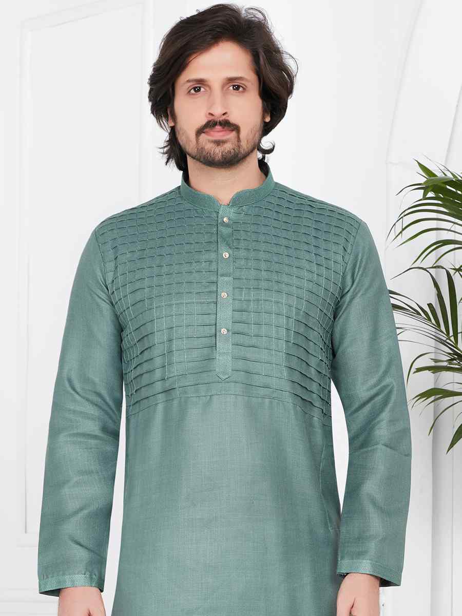 Green Linen Cotton Printed Festival Casual Kurta