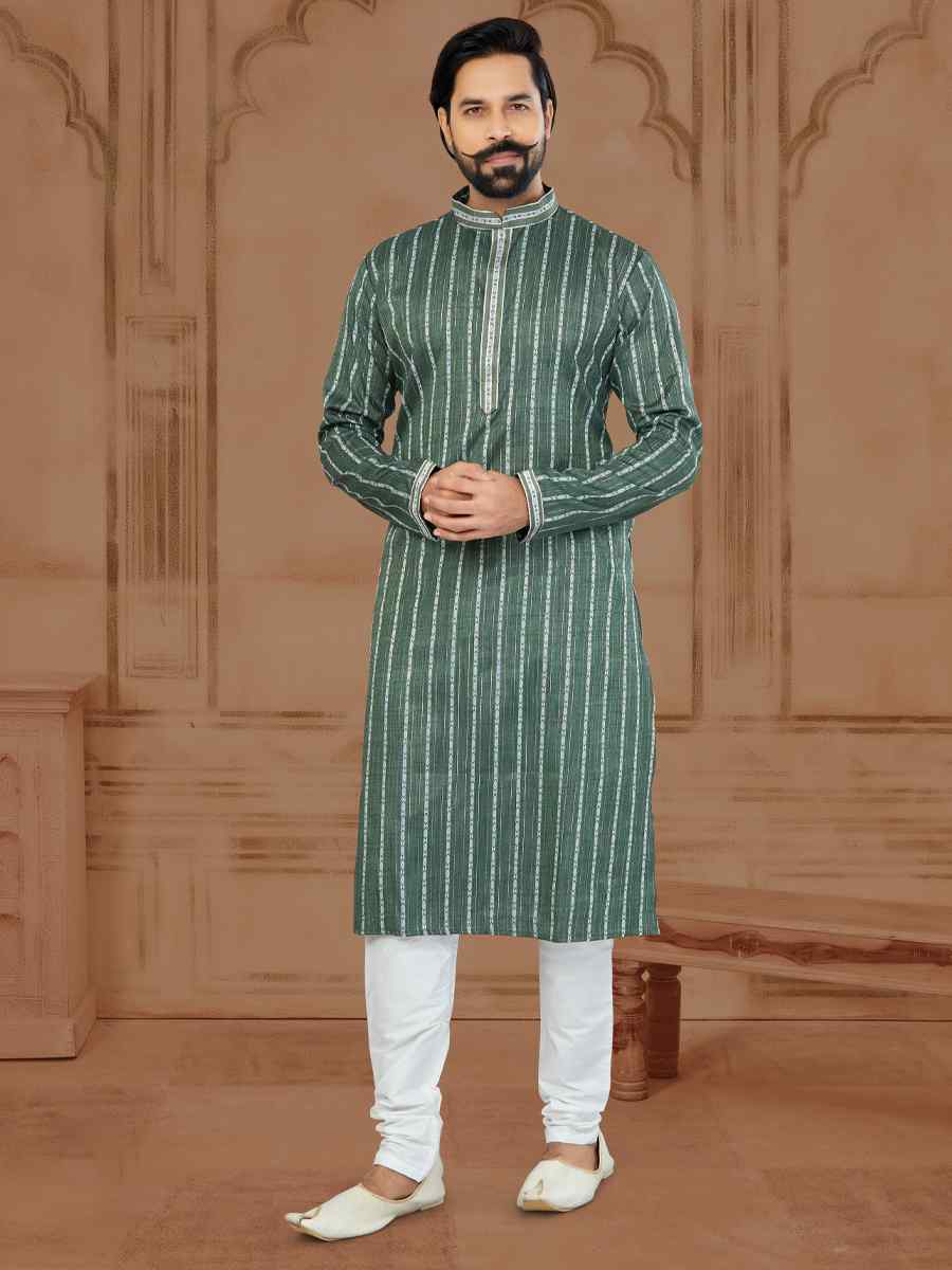 Green Linen Cotton Printed Festival Kurta