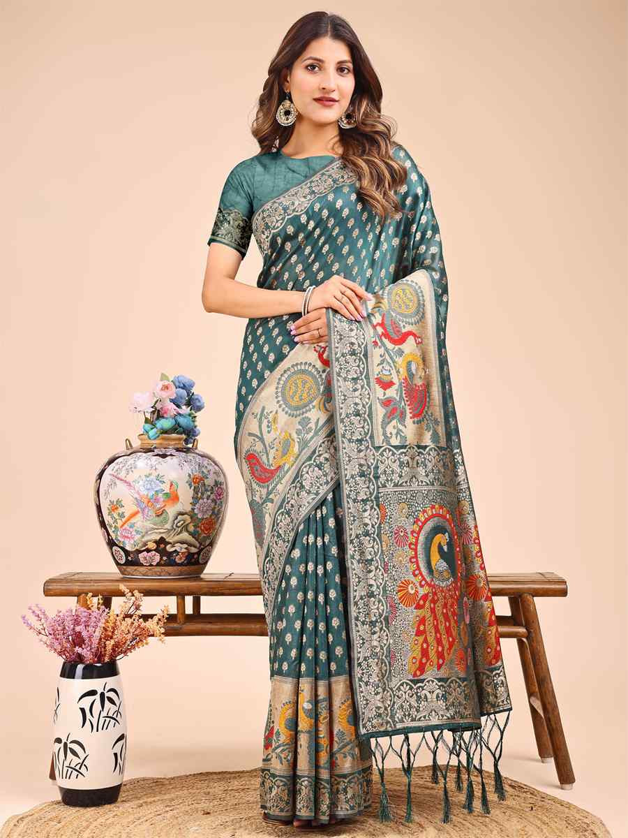 Green Linen Cotton Printed Festival Wedding Fancy Heavy Border Saree
