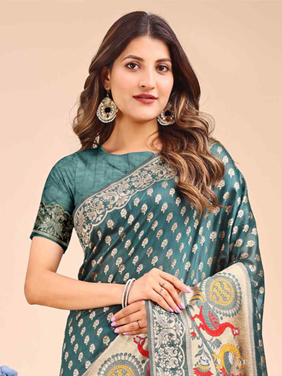 Green Linen Cotton Printed Festival Wedding Fancy Heavy Border Saree