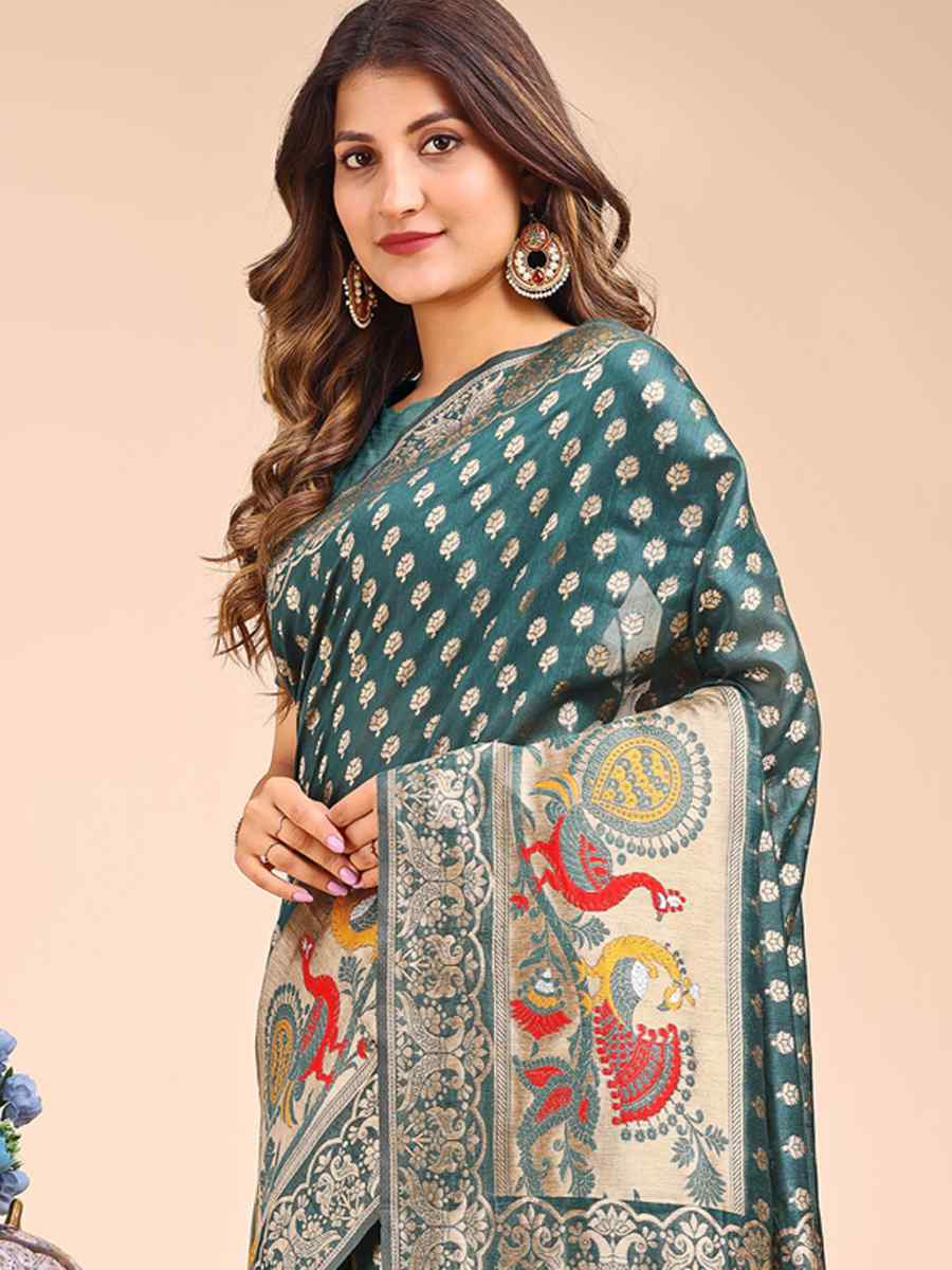 Green Linen Cotton Printed Festival Wedding Fancy Heavy Border Saree