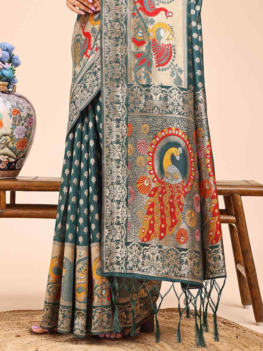 Green Linen Cotton Printed Festival Wedding Fancy Heavy Border Saree