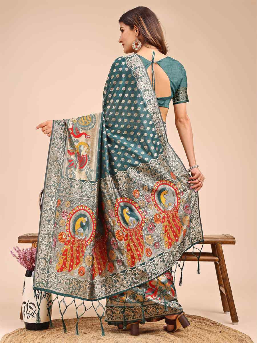 Green Linen Cotton Printed Festival Wedding Fancy Heavy Border Saree