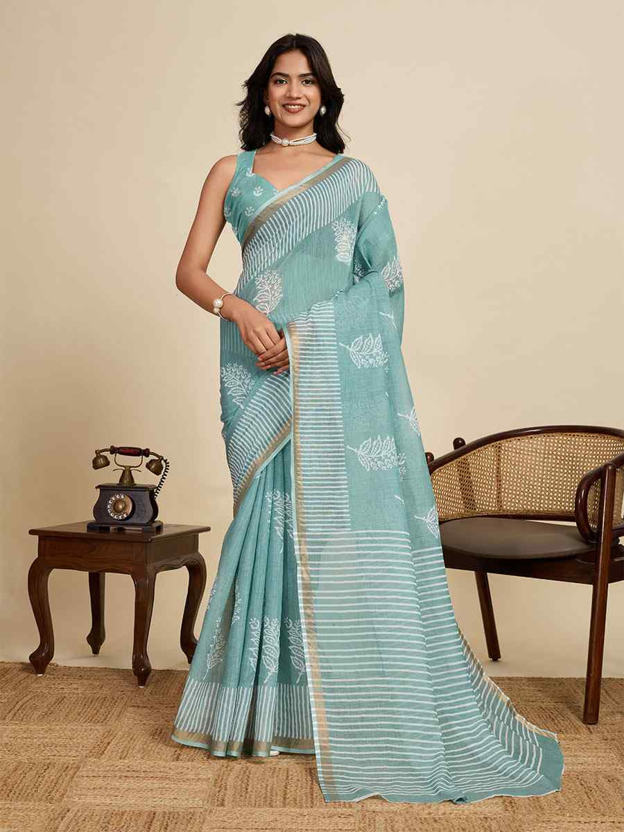 Green Linen Cotton Printed Handwoven Traditional Casual Festival Fancy Classic Style Sarees