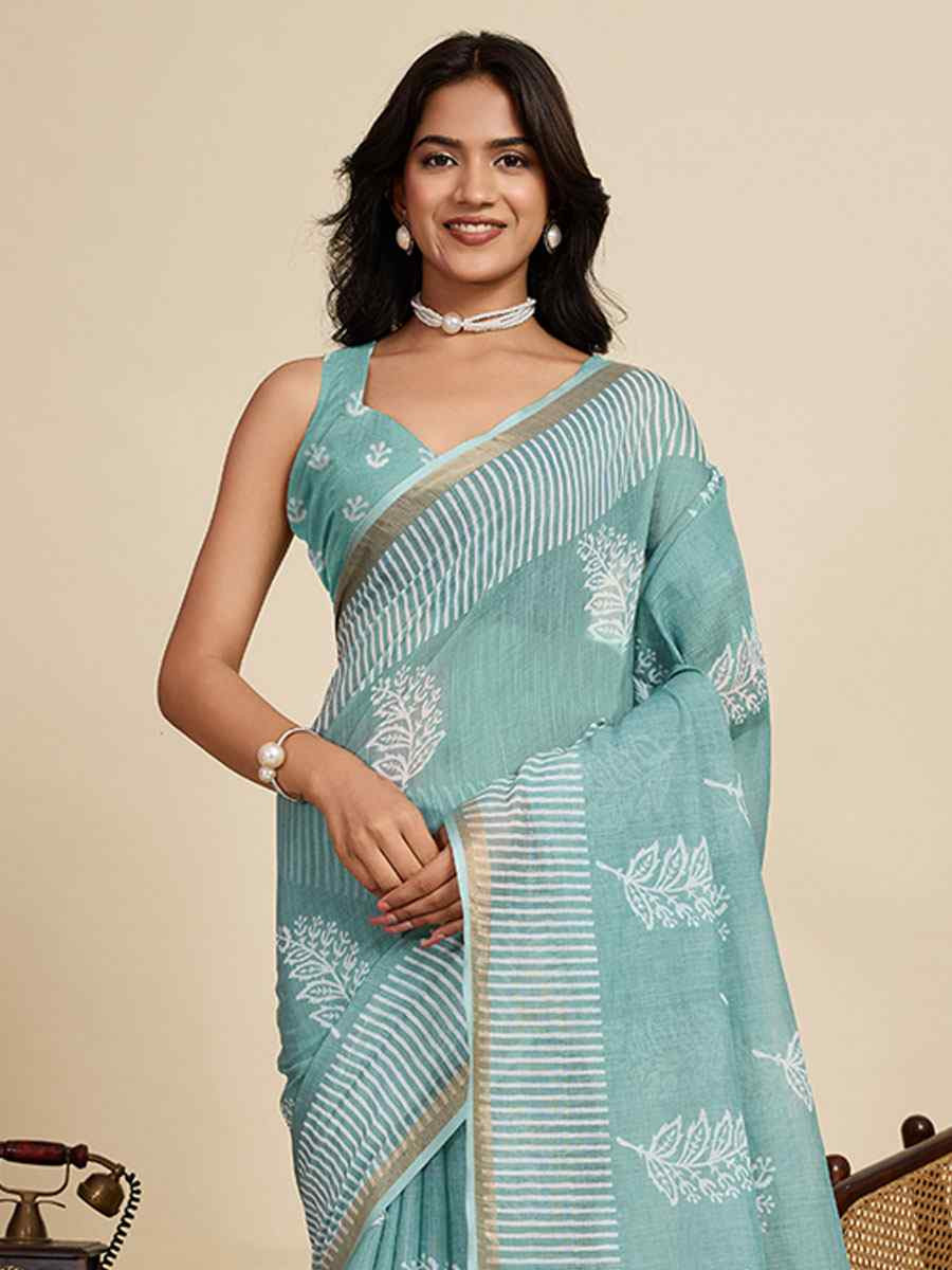 Green Linen Cotton Printed Handwoven Traditional Casual Festival Fancy Classic Style Sarees