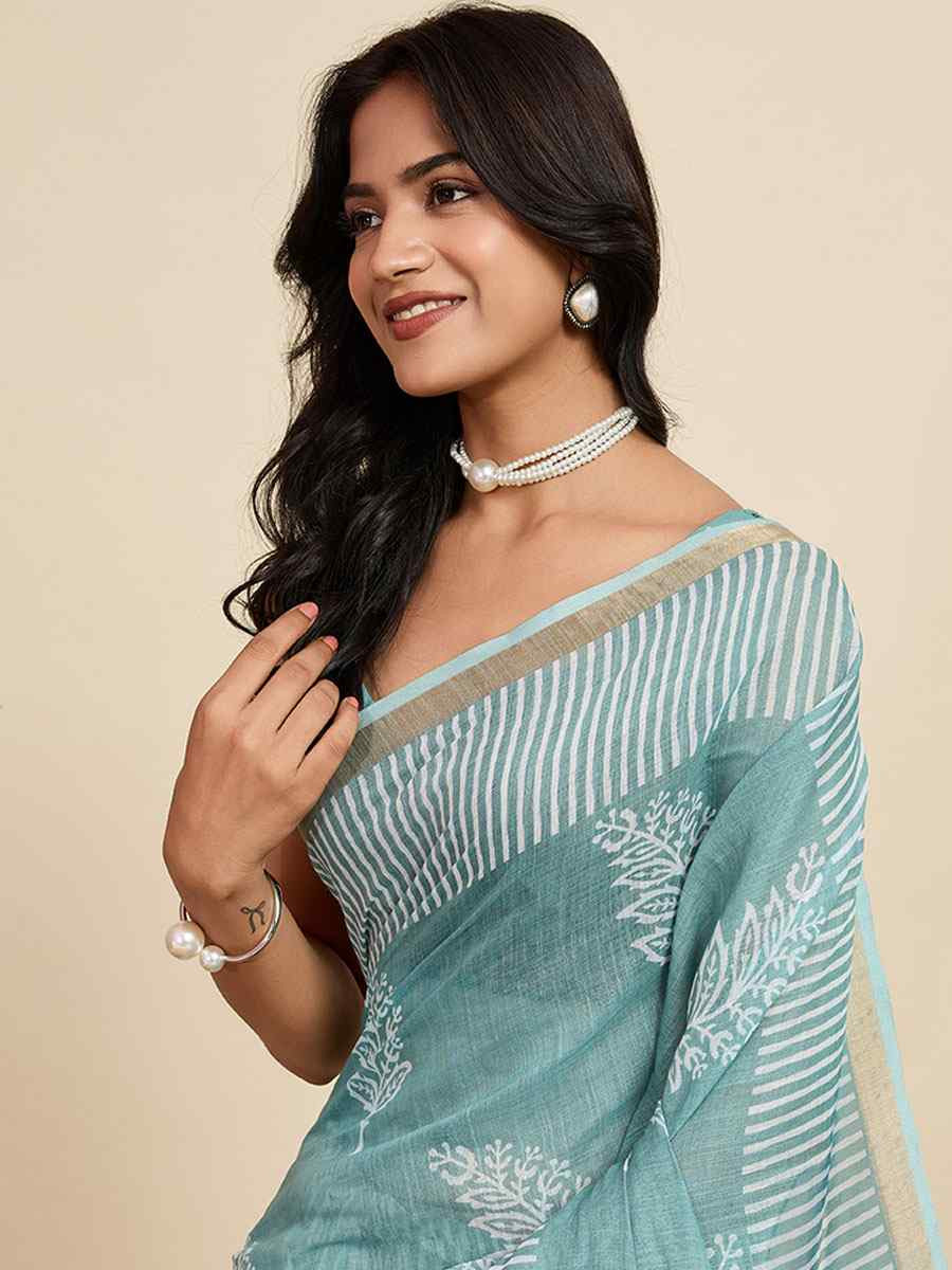 Green Linen Cotton Printed Handwoven Traditional Casual Festival Fancy Classic Style Sarees