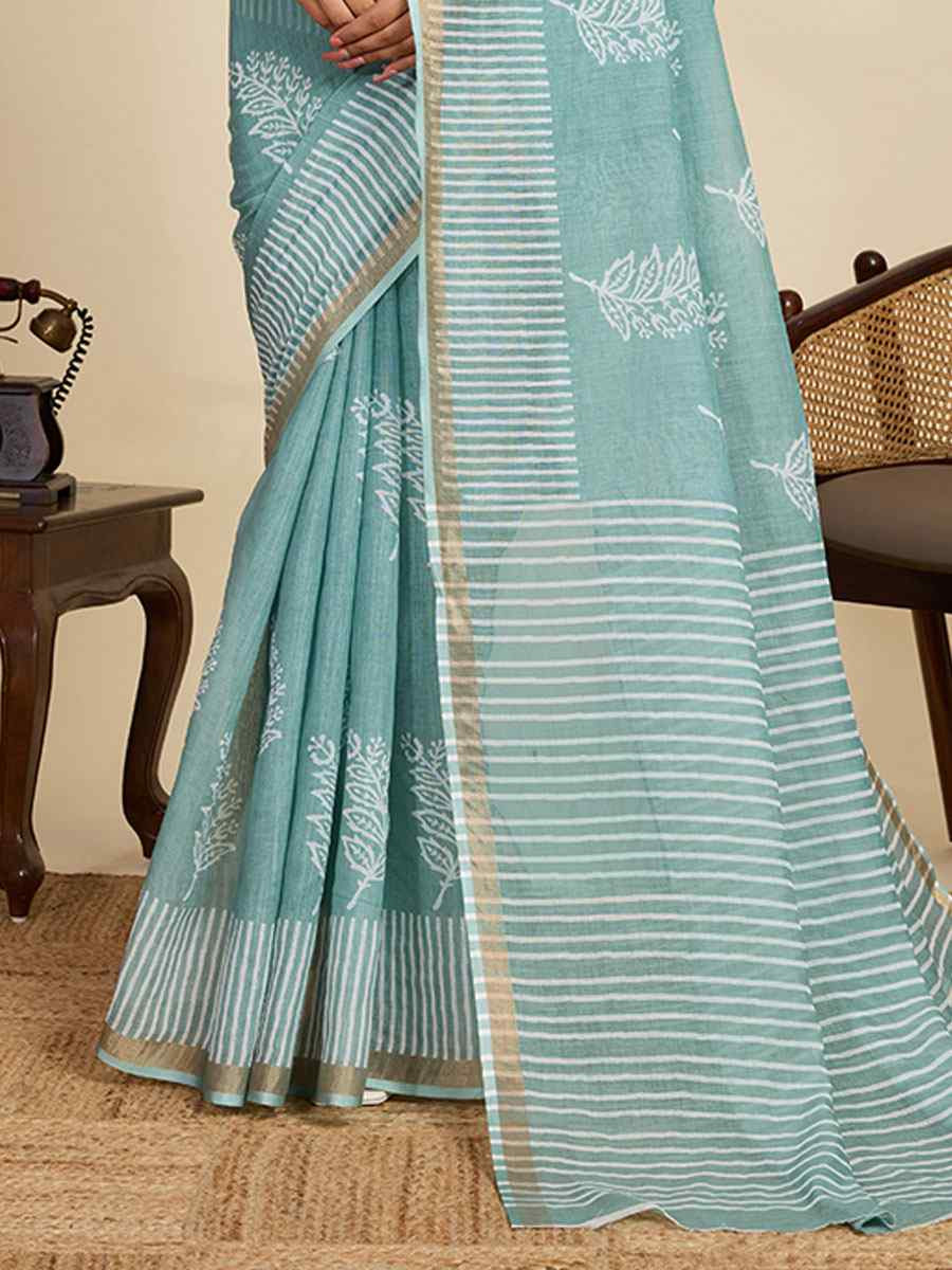 Green Linen Cotton Printed Handwoven Traditional Casual Festival Fancy Classic Style Sarees