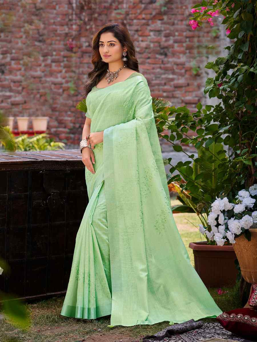 Green Linen Embroidery Handwoven Casual Festival Party Classic Style Sarees